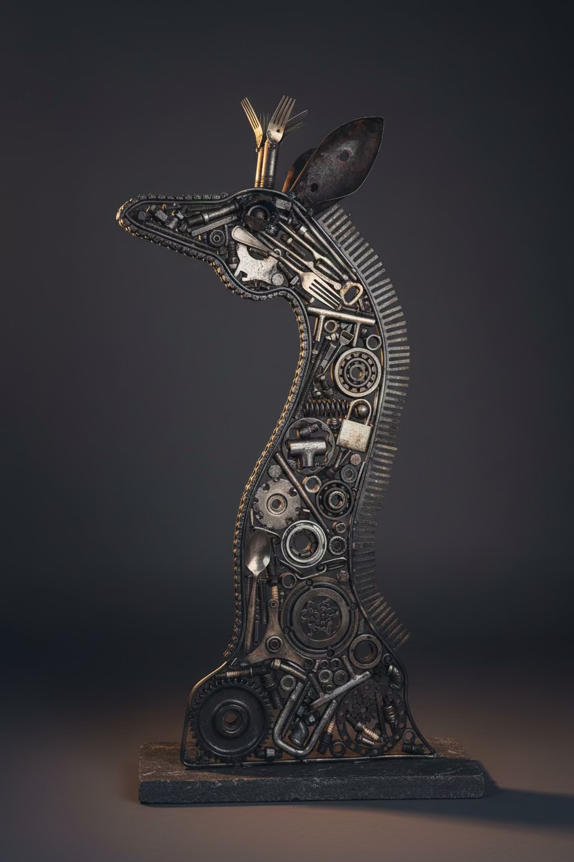 The Mechanist one-of-one giraffe sculpture in dramatic gallery light