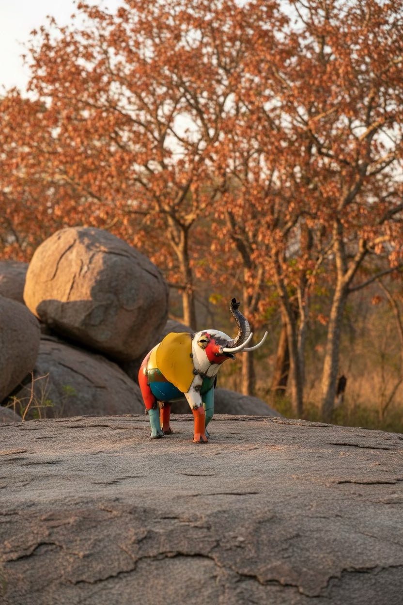 Medium Elephant recycled metal sculpture in the Zimbabwean landscape