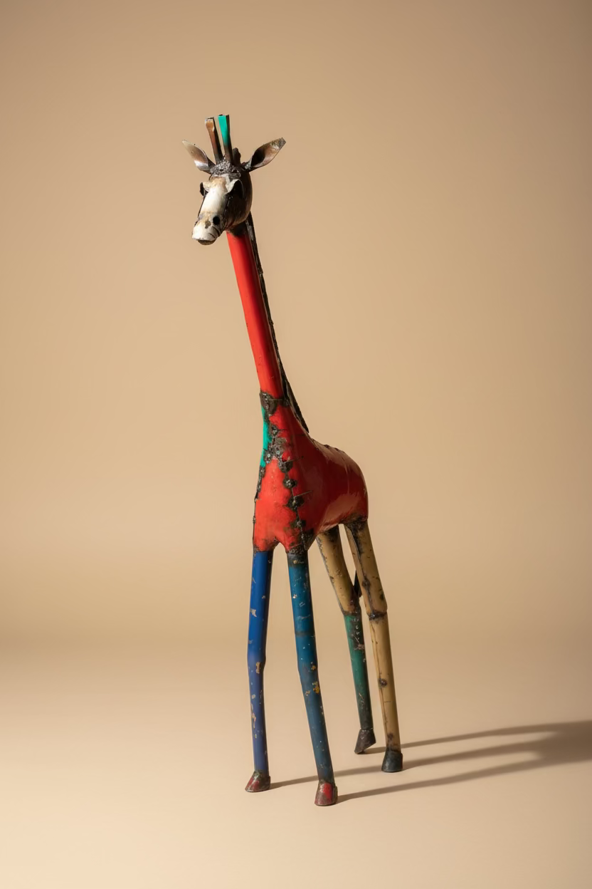 Tall Giraffe handmade recycled-metal sculpture, front view