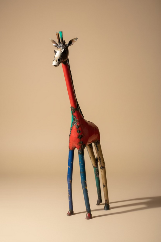 Tall Giraffe handmade recycled-metal sculpture, front view