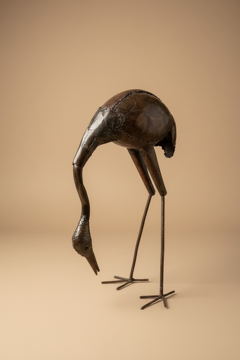 Stooping Stork handmade recycled-metal sculpture, front view