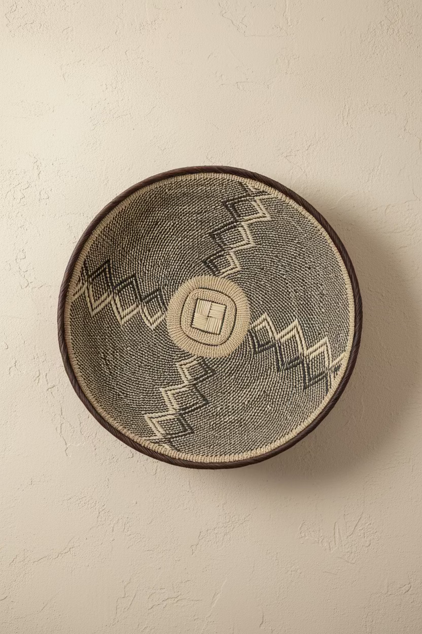 Representative Patterned Weave Ilala palm wall basket, 50–54 cm
