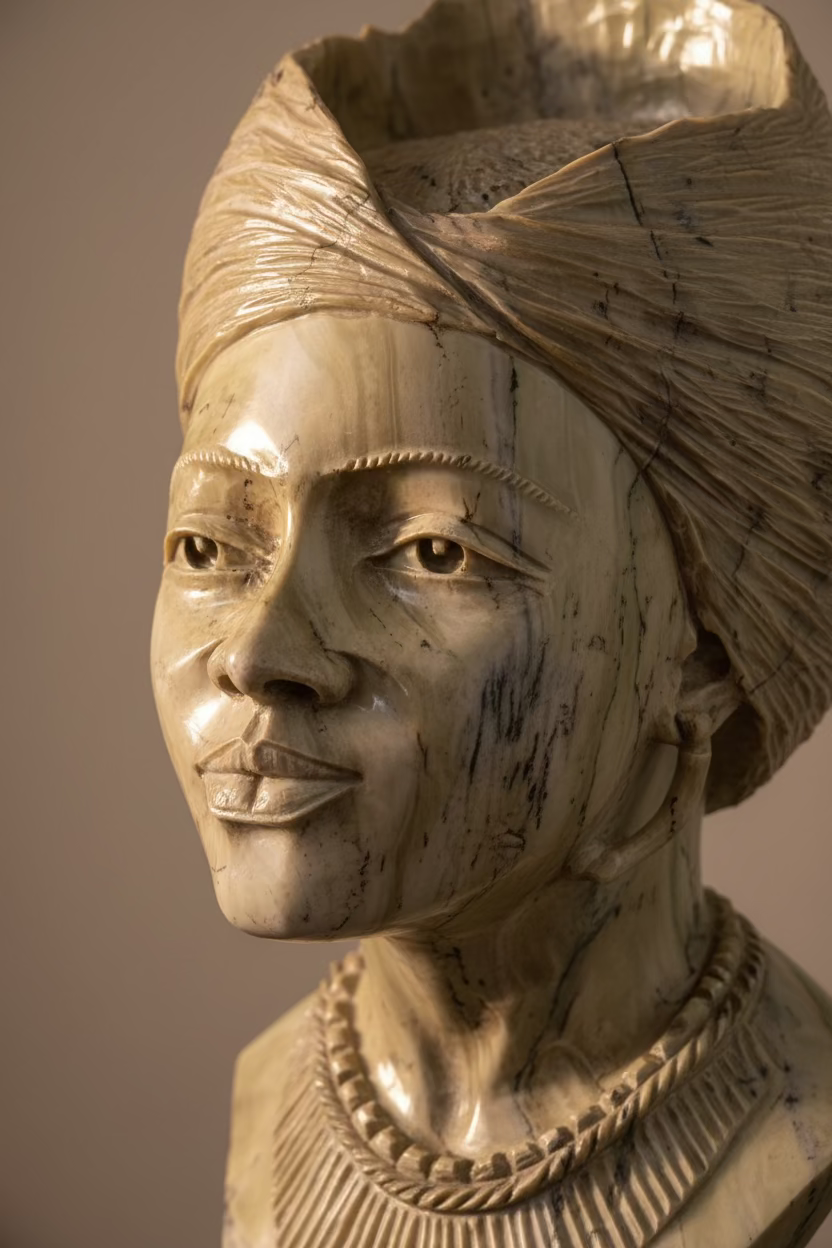 Close view of The Matriarch stone sculpture's carved face and natural veining