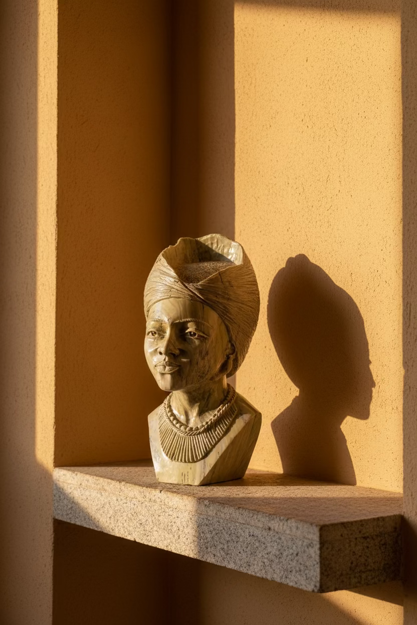 The Matriarch hand-carved stone portrait in warm architectural light