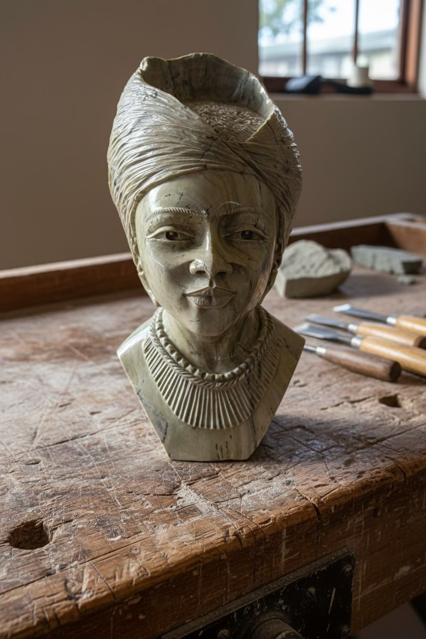 One-of-one Zimbabwean stone sculpture on an artisan workbench