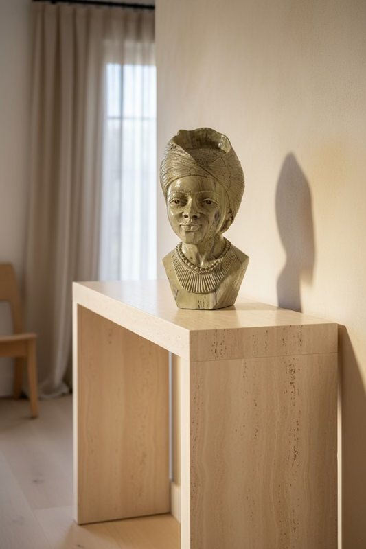 The Matriarch stone sculpture displayed on a pale console