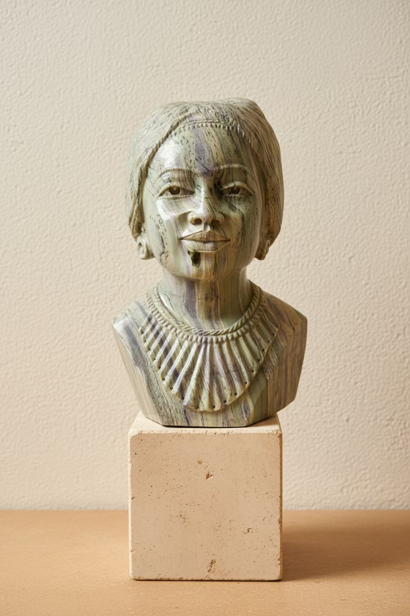 The Muse one-of-one Zimbabwean jade stone portrait sculpture, front view