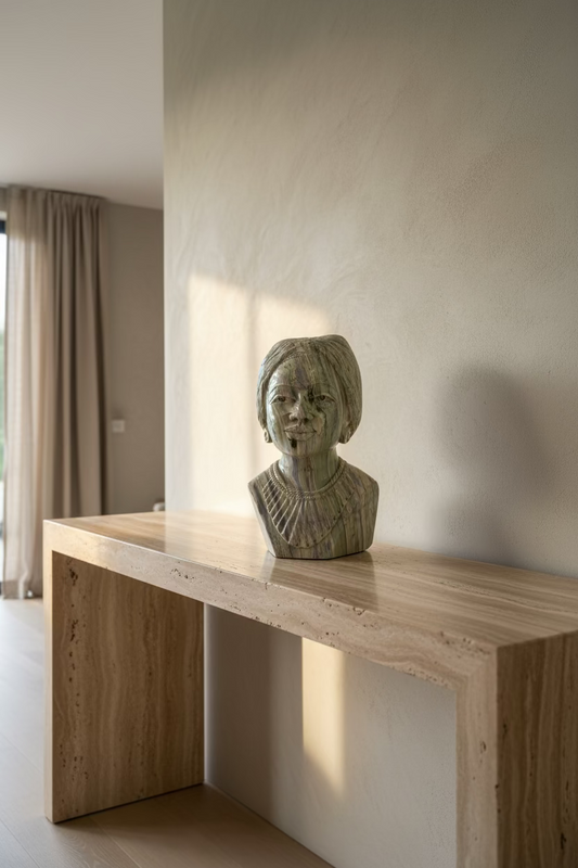The Muse jade stone sculpture displayed on a pale console