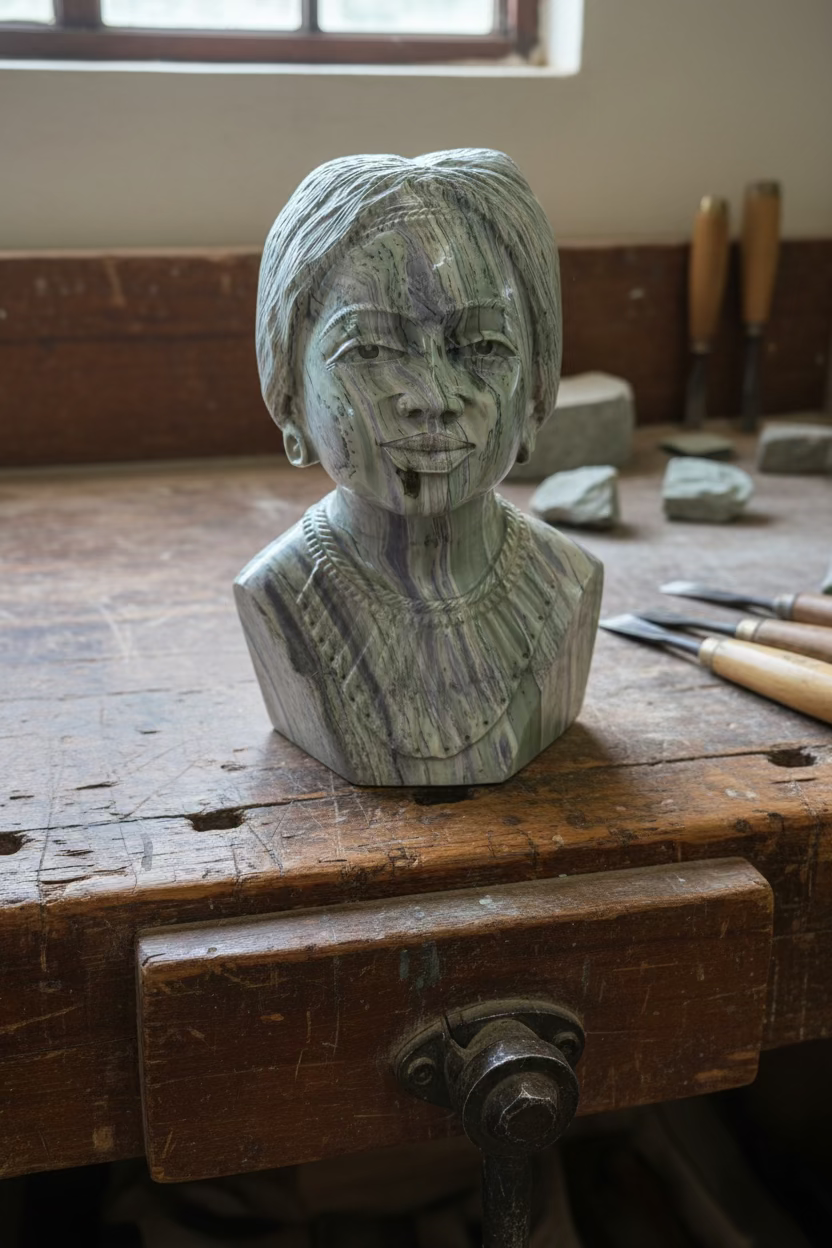 One-of-one Zimbabwean jade stone sculpture on an artisan workbench