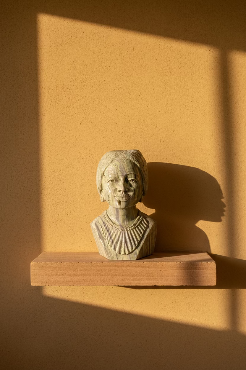 The Muse hand-carved jade stone portrait in warm architectural light