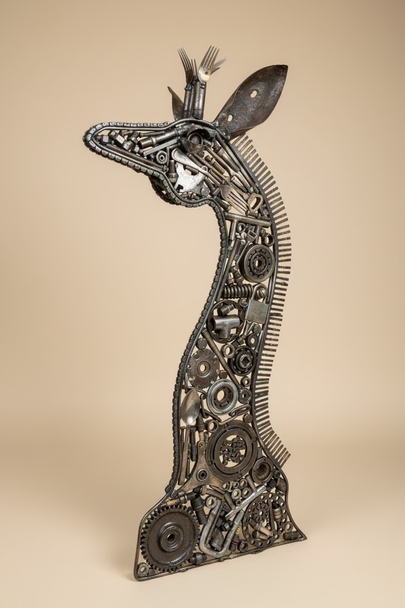 The Mechanist one-of-one recycled metal giraffe sculpture, profile view
