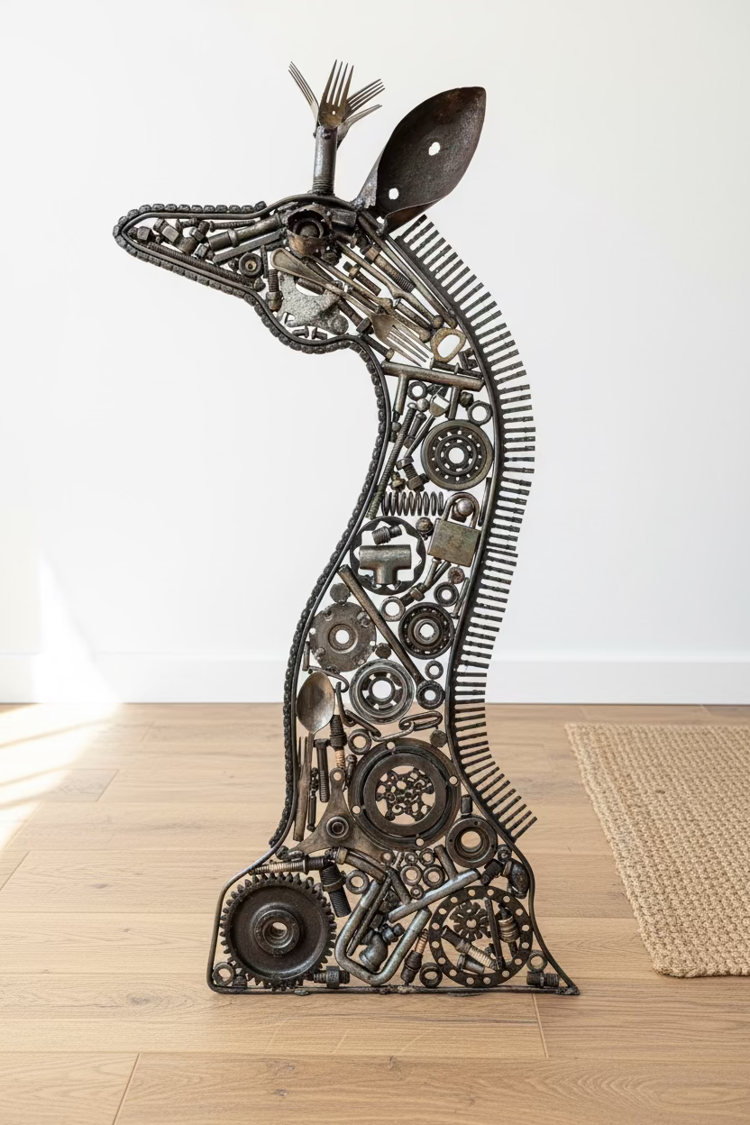 The Mechanist recycled metal giraffe sculpture in a minimal interior