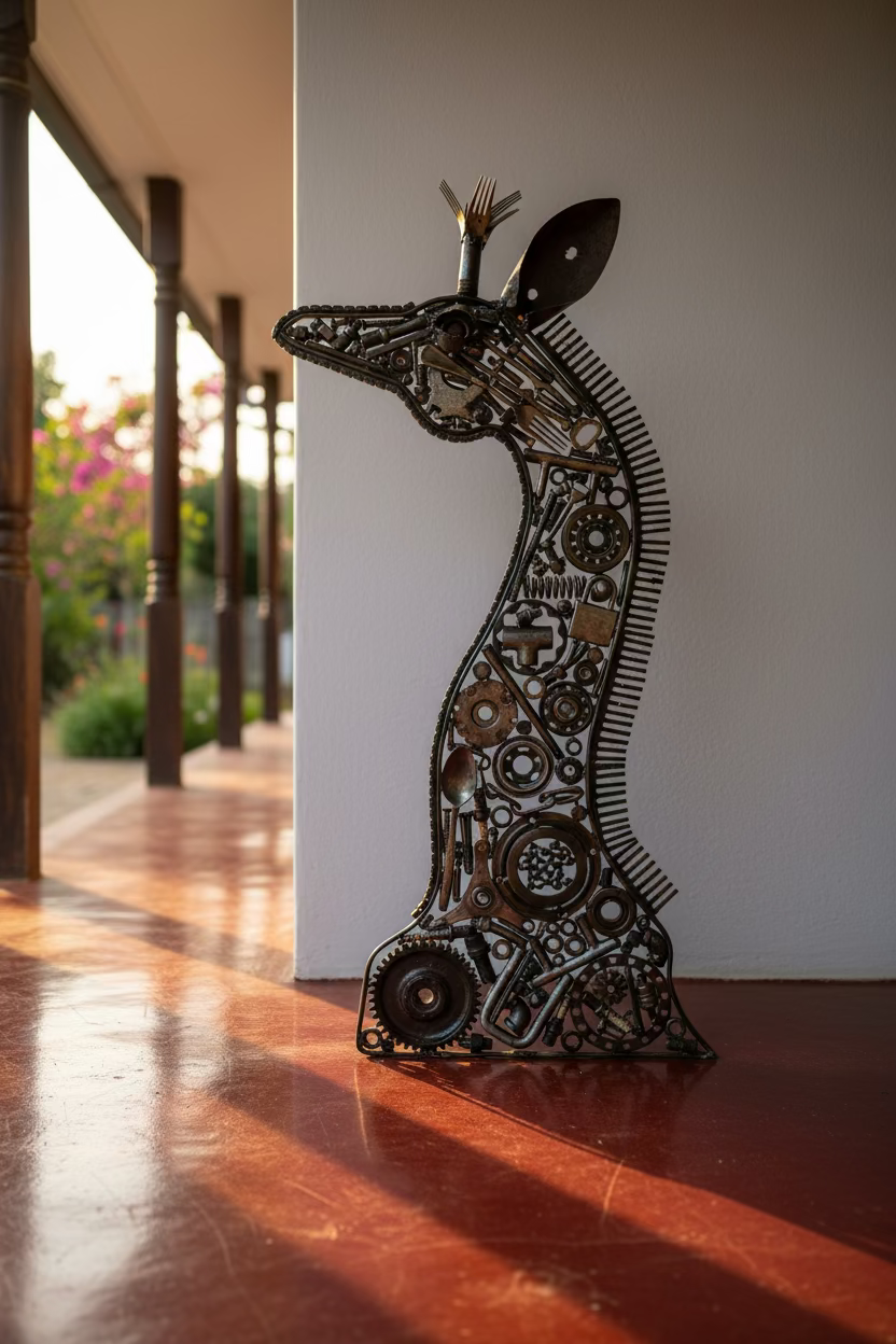 The Mechanist giraffe assemblage displayed on a sunlit veranda