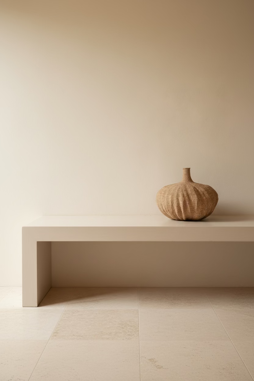 Garlic Gourd Ilala palm vessel displayed on a minimal stone console