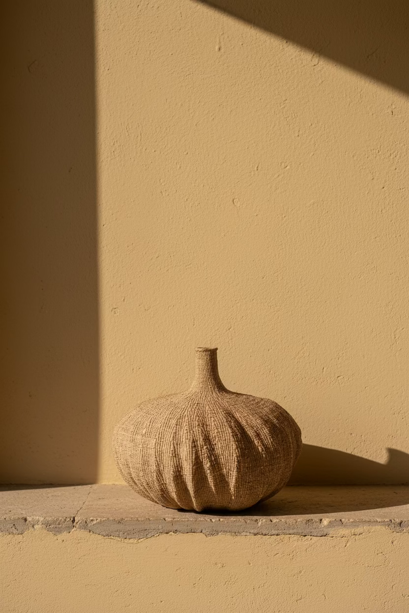 Garlic Gourd one-of-one woven vessel against a sunlit ochre wall