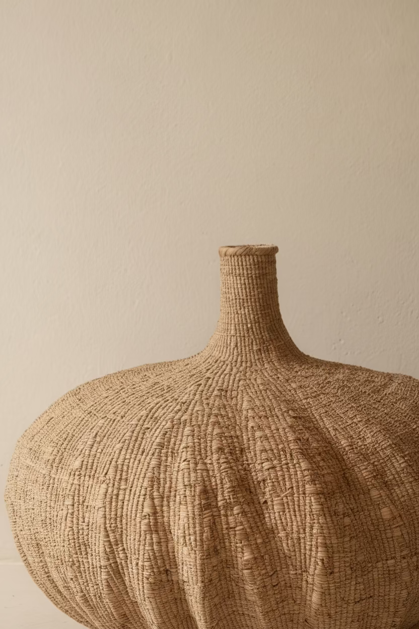 Close detail of the Garlic Gourd Ilala palm weave and sculptural form
