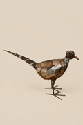 Watchful Pheasant metal sculpture with its head raised, layered bronze-toned body and long banded tail.