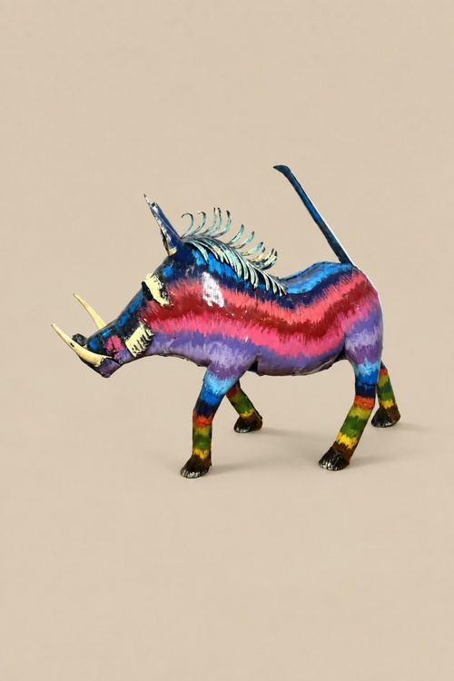 Carnival Warthog metal sculpture in blue, pink, red and lilac, with curved tusks and an upright tail.