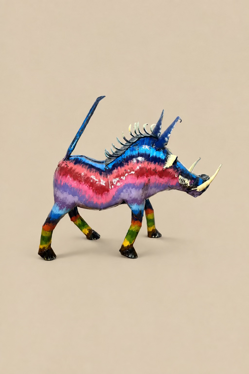 Carnival Warthog viewed from the other side, showing colourful stripes and a curled metal mane.