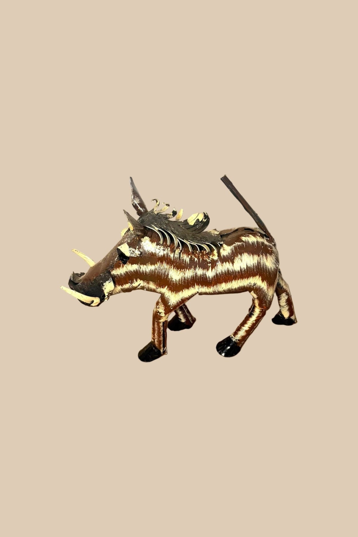 Bristleback Warthog with brown-and-cream stripes, curved tusks and a raised tail, viewed at an angle.