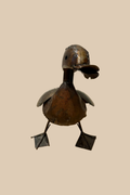 Calling Duck sculpture in dark metal with an open bill and webbed feet, viewed from the front.
