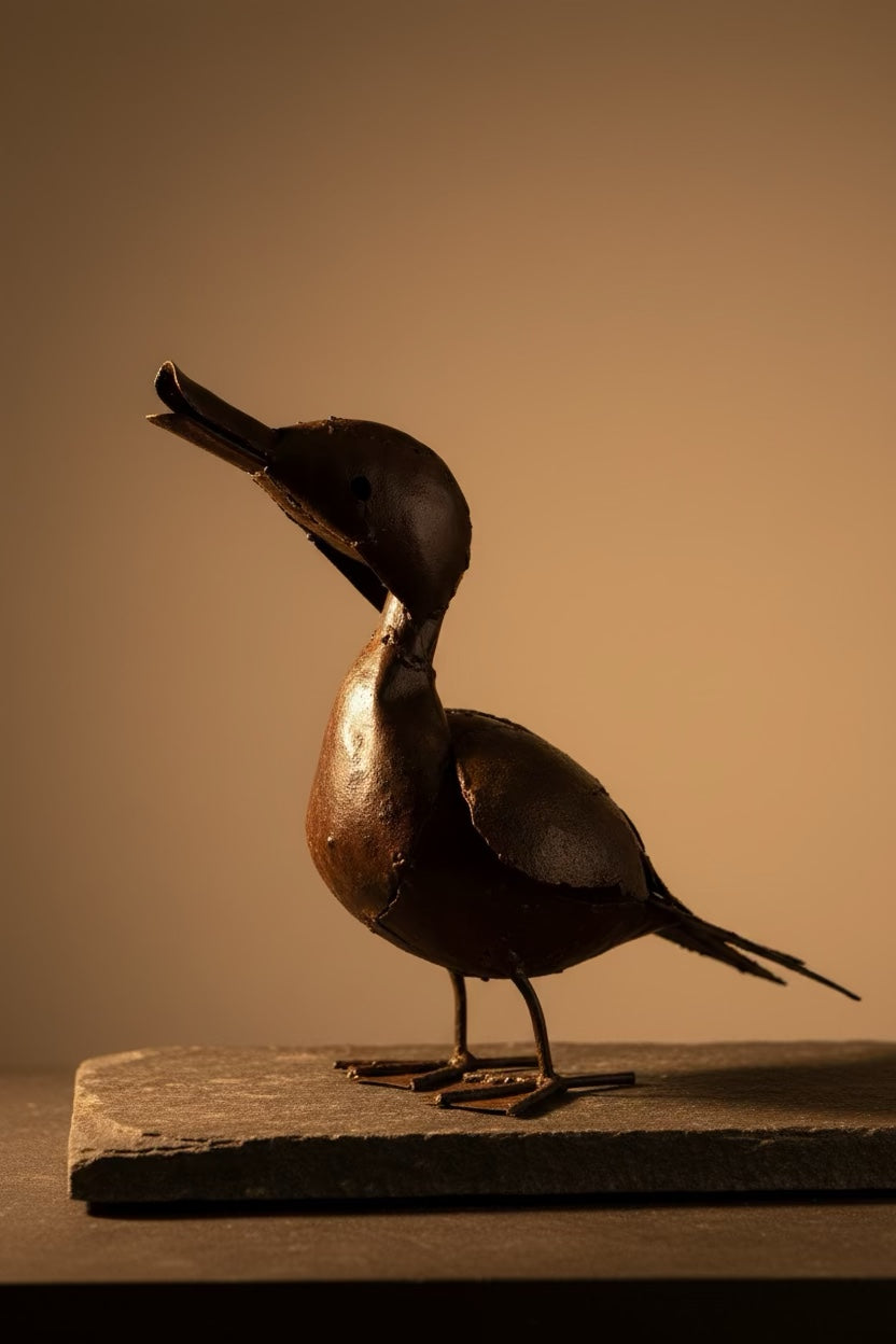 Calling Duck recycled metal sculpture in warm studio light