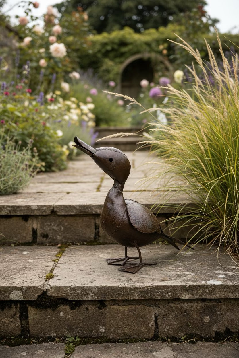 Calling Duck displayed on a garden stone terrace