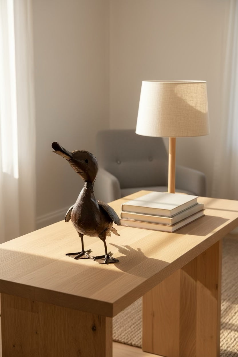 Calling Duck displayed on a light wood table beside a lamp