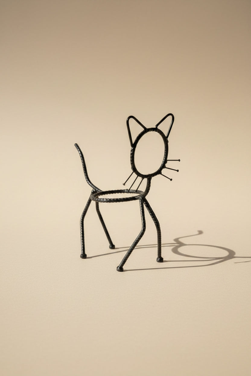 Cat Planter Stand handmade from recycled metal on a pale plinth