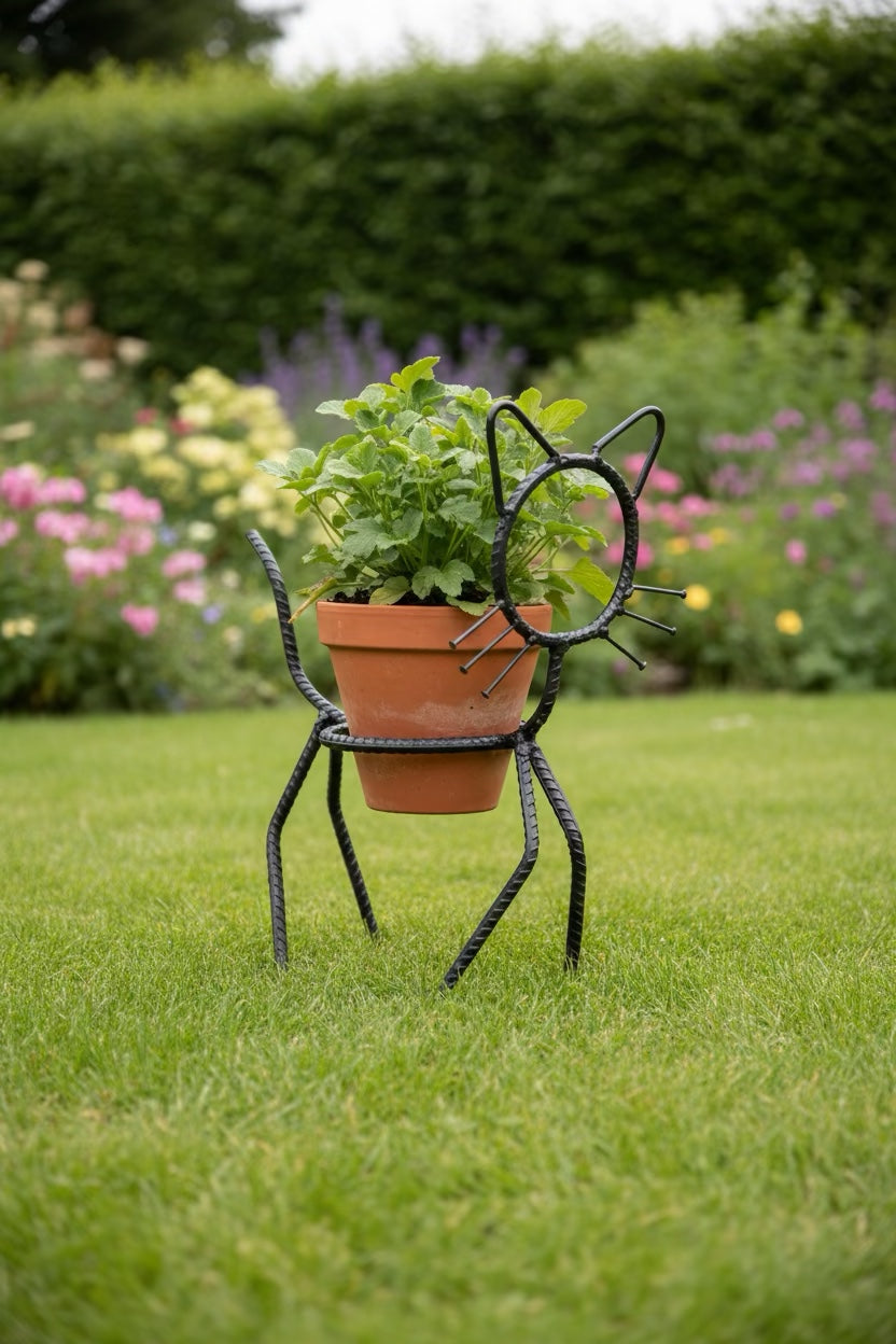 Cat Planter Stand holding a terracotta herb pot on a garden lawn