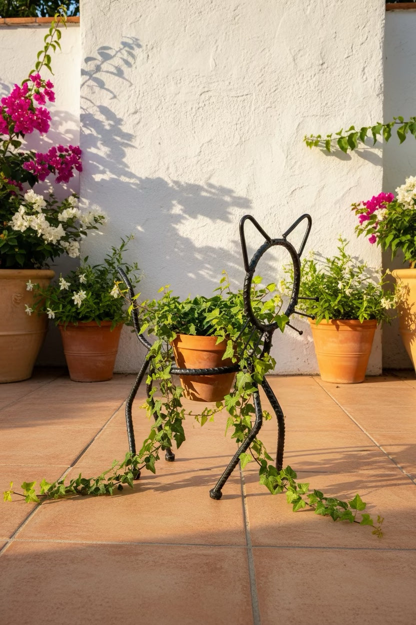 Cat Planter Stand holding trailing ivy on a sunlit patio