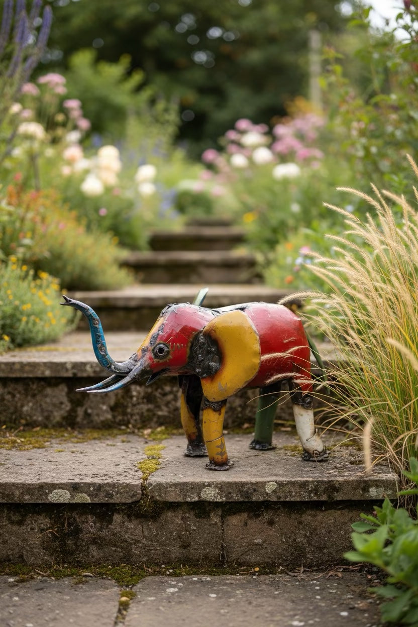 Small recycled metal elephant sculpture displayed on garden steps