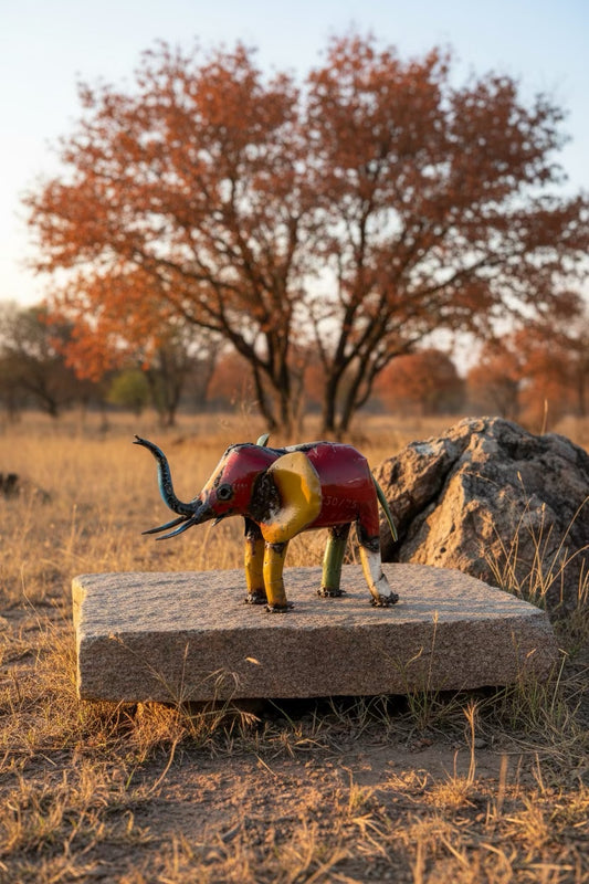 Small recycled metal elephant sculpture photographed in a Zimbabwean landscape