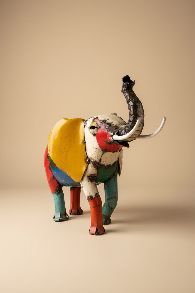 Medium Elephant recycled metal sculpture, studio view