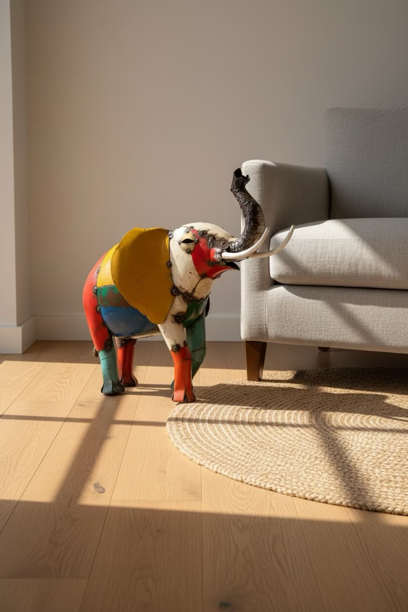 Medium Elephant recycled metal sculpture in a light-filled interior
