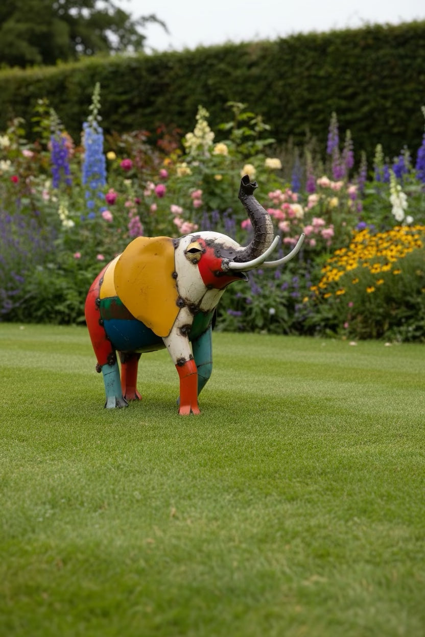 Medium Elephant recycled metal sculpture in a garden
