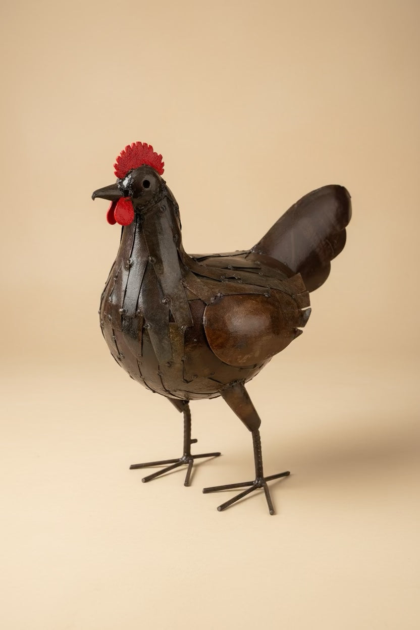 Proud Rooster recycled metal sculpture, studio view