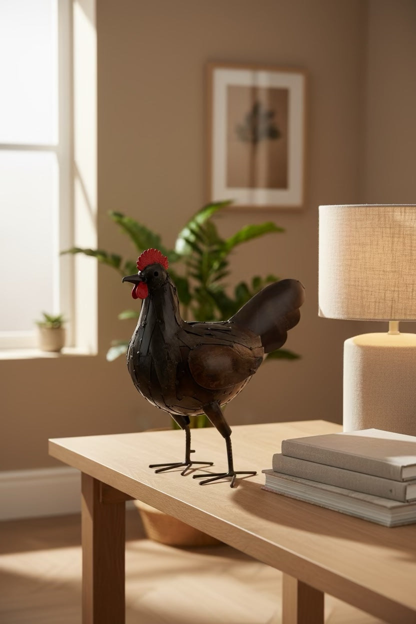 Proud Rooster recycled metal sculpture in a light-filled interior