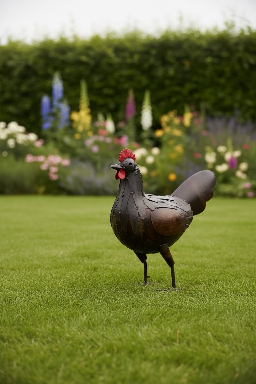 Proud Rooster recycled metal sculpture standing on a lawn
