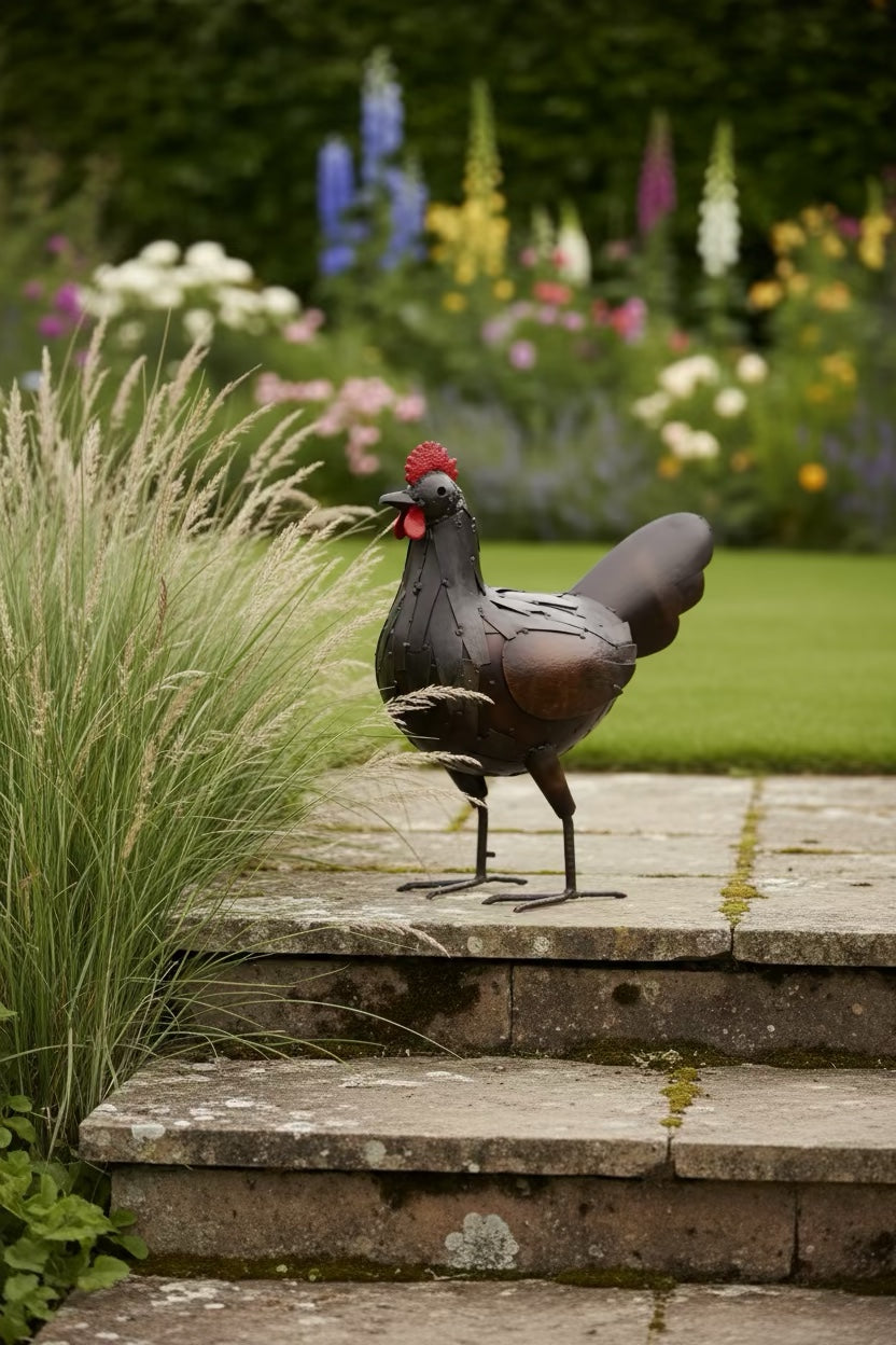 Proud Rooster recycled metal sculpture beside ornamental grasses