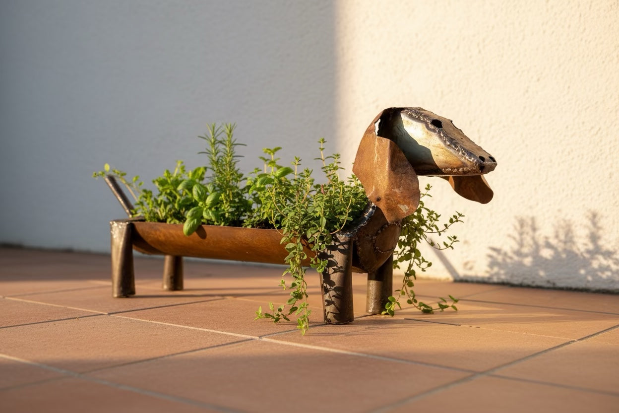 Sausage Dog Planter filled with herbs on a sunlit terrace