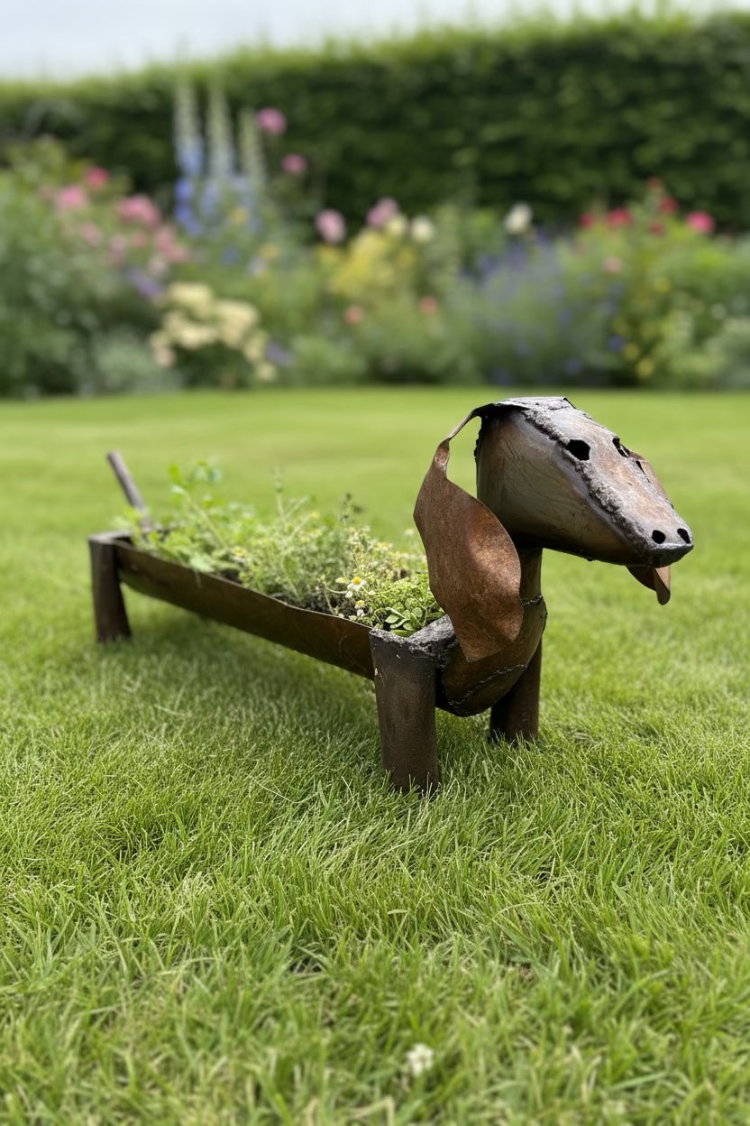 Sausage Dog Planter filled with herbs on a garden lawn
