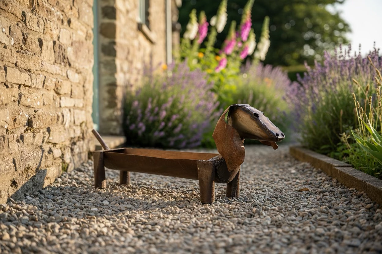 Sausage Dog Planter displayed on a gravel garden path