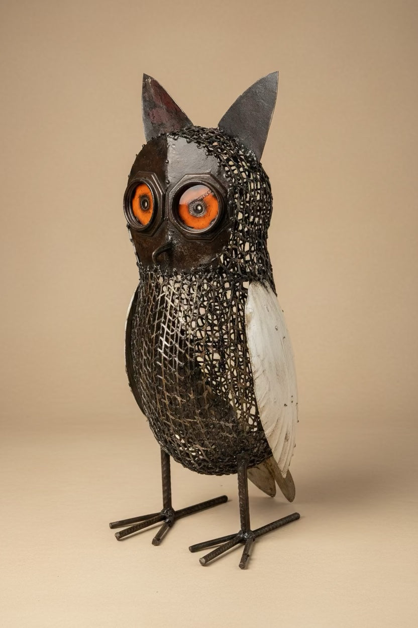 Sentinel Owl recycled metal sculpture, studio view