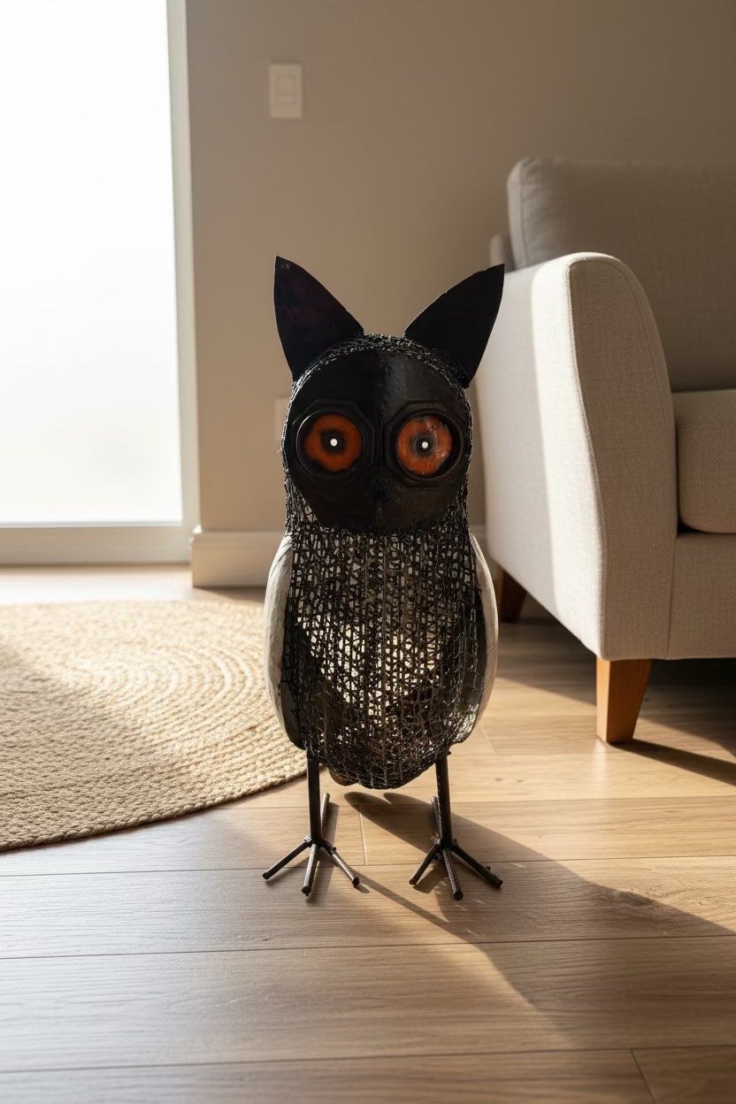 Sentinel Owl recycled metal sculpture in a sunlit interior