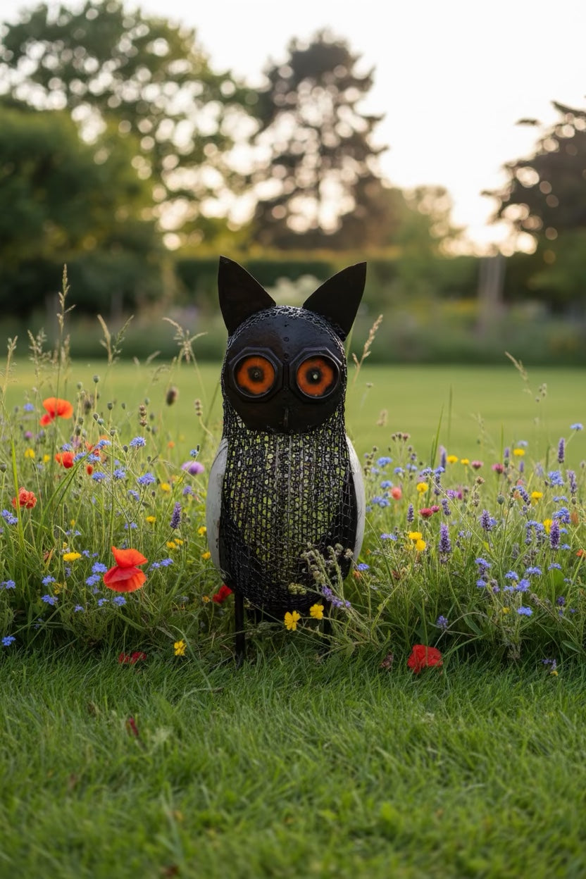 Sentinel Owl recycled metal sculpture in a wildflower garden