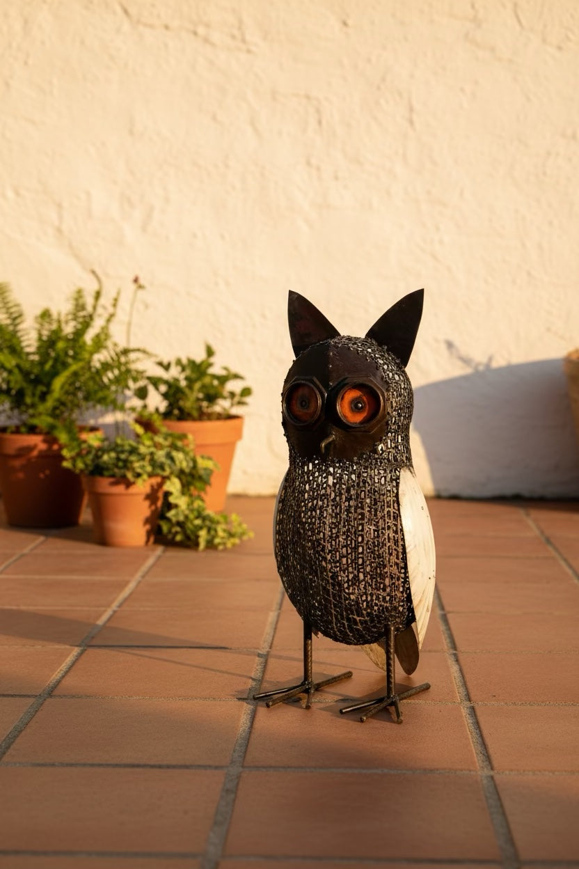 Sentinel Owl recycled metal sculpture on a warm garden patio