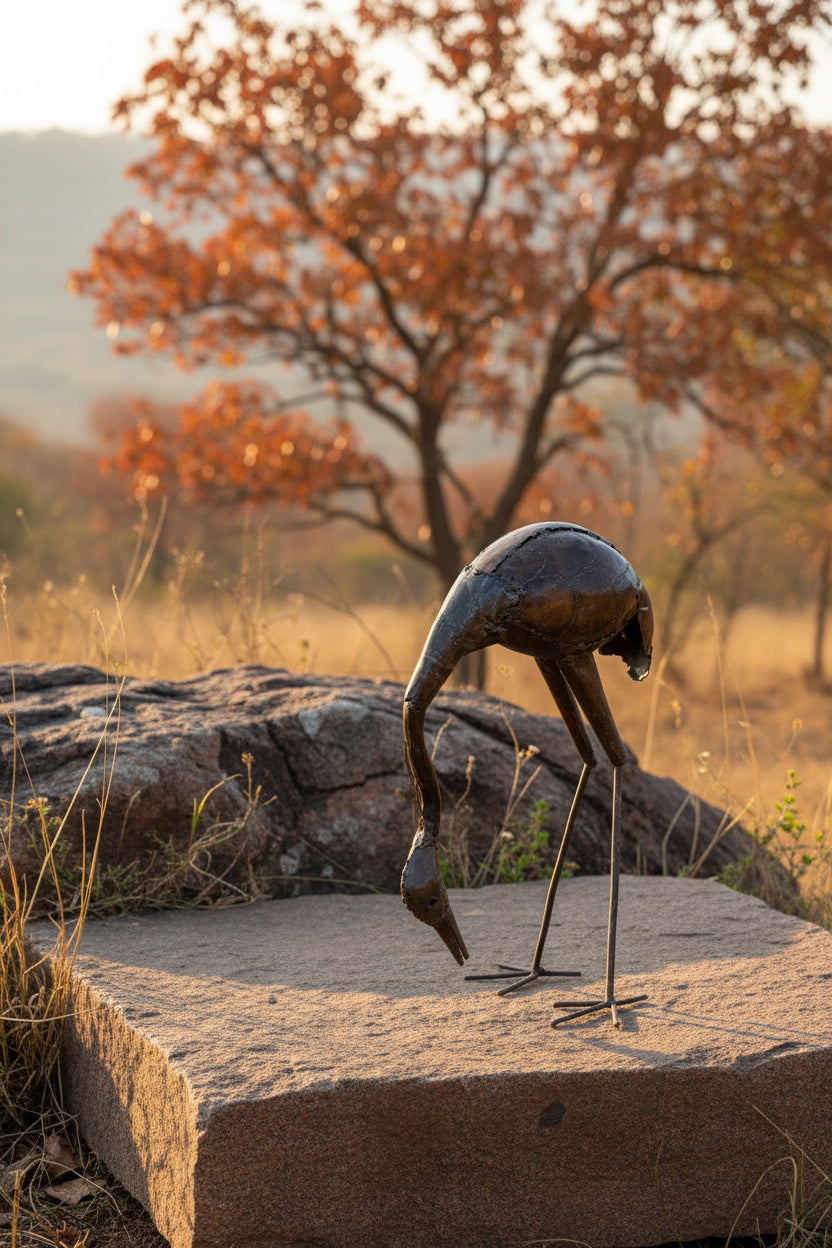 Stooping Stork recycled metal sculpture in the Zimbabwean landscape
