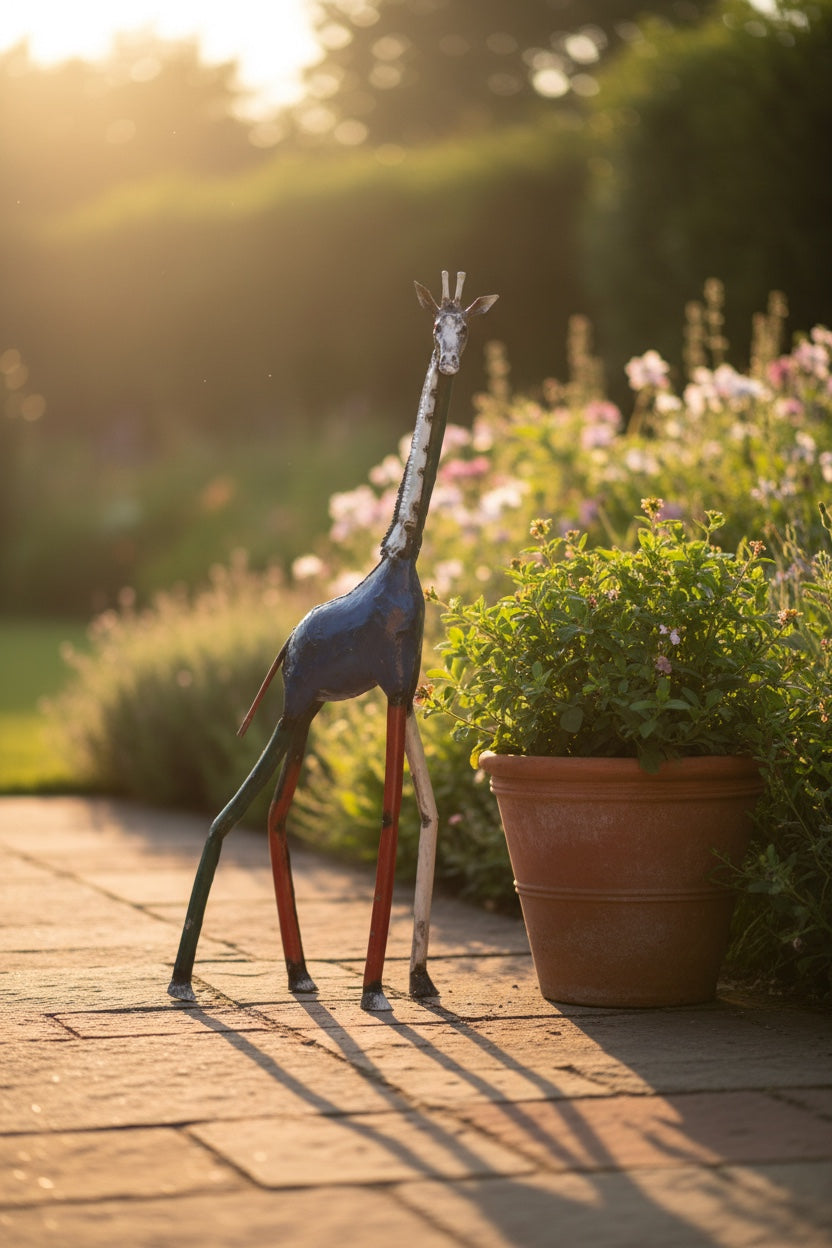 Tall Giraffe recycled metal sculpture in warm evening garden light