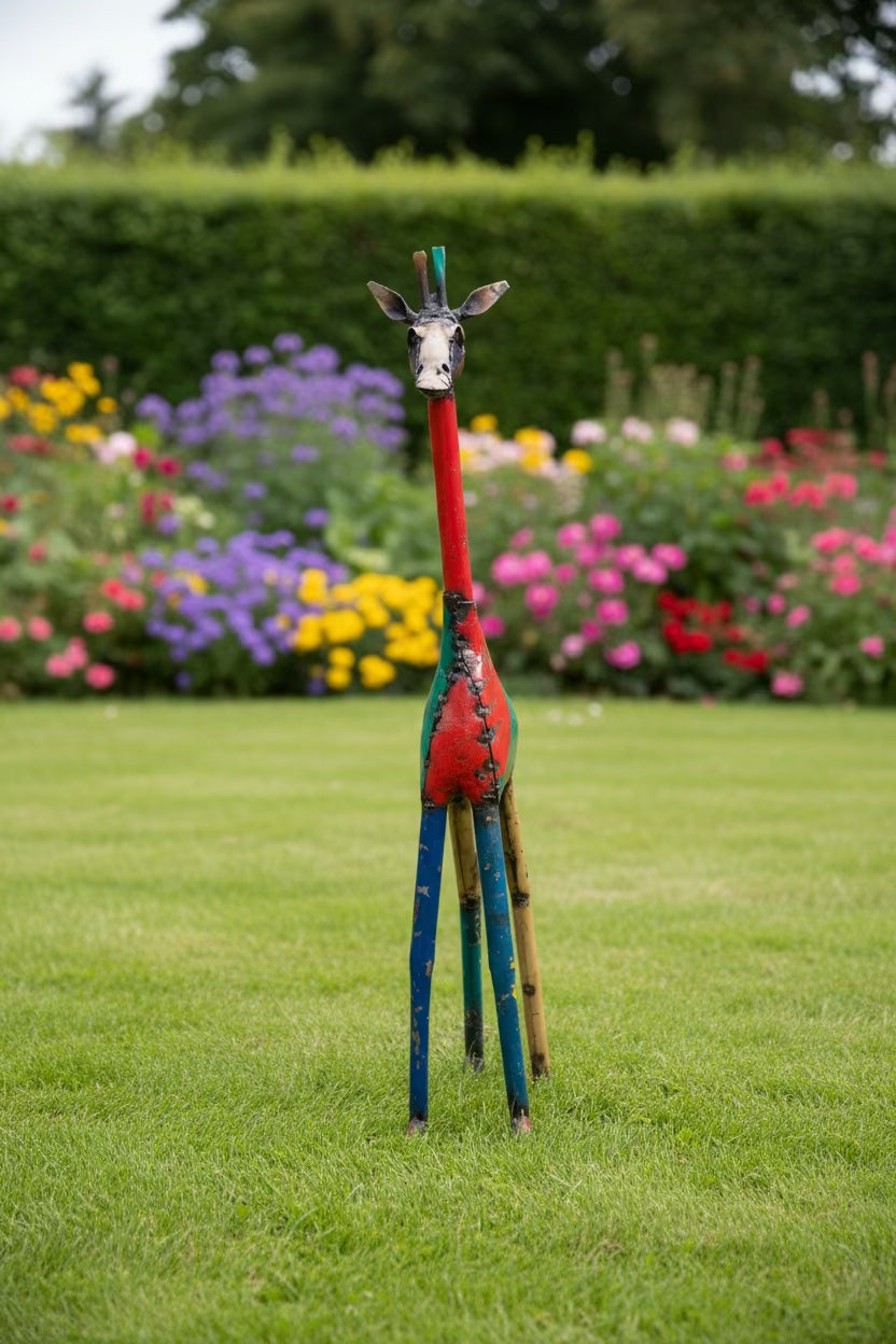 Front view of Tall Giraffe recycled metal sculpture in a garden